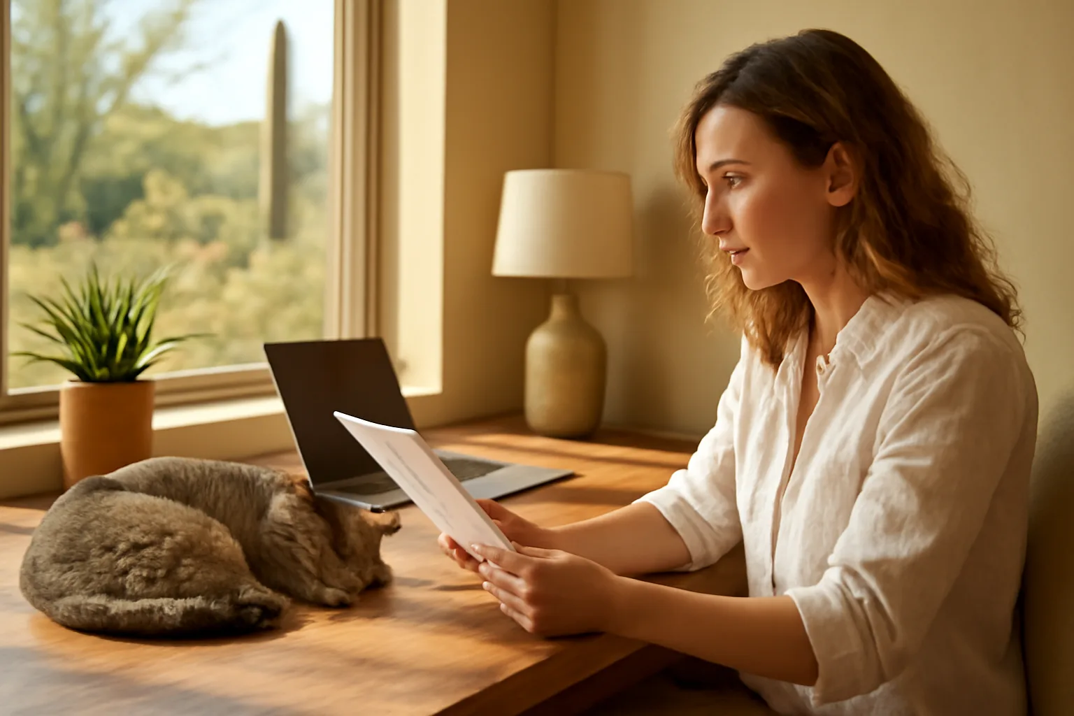 Cat breeder reviewing cattery permit paperwork in Arizona home office