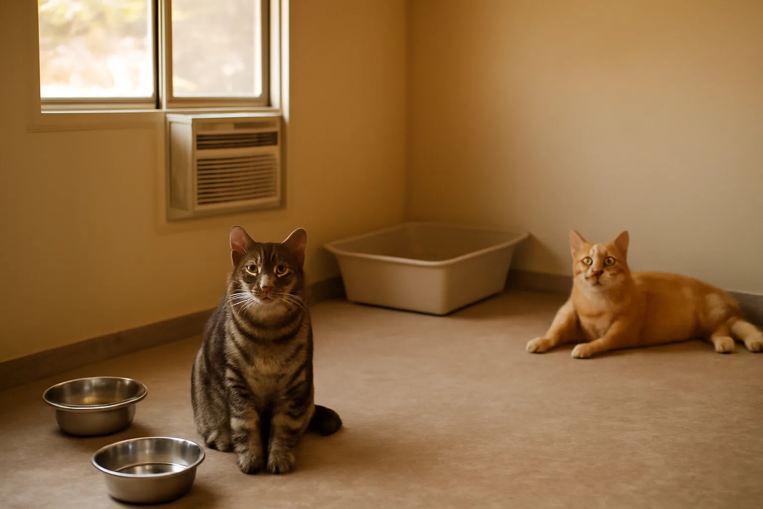 Cats inside an Arizona home cattery room with food bowls and litter boxes