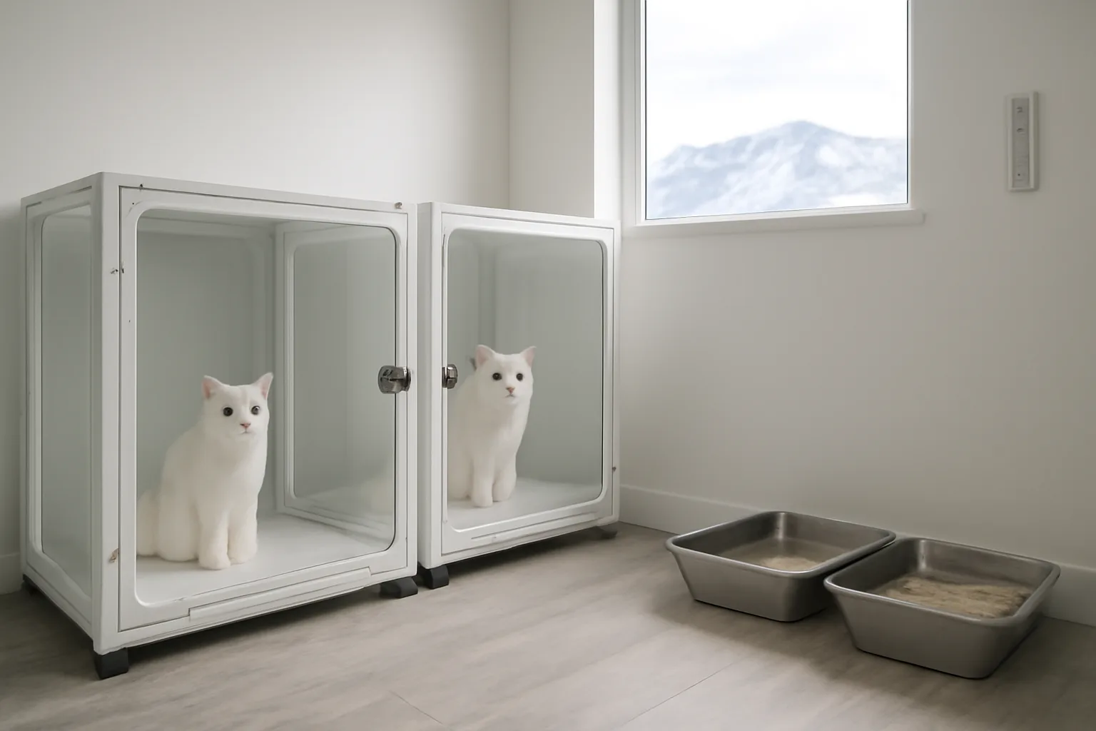 Clean Colorado home cattery room with two cats in washable enclosures