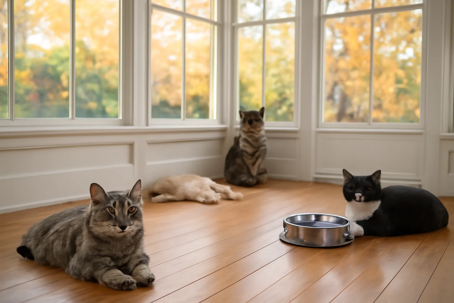 Sunroom cattery in Connecticut home with cats on sealed floors and screened windows