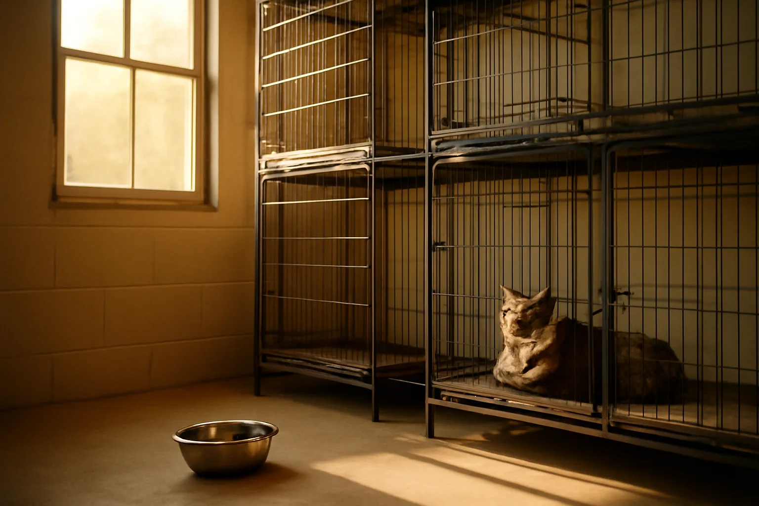 Sunlit cattery room with wire condos and a tabby cat resting inside