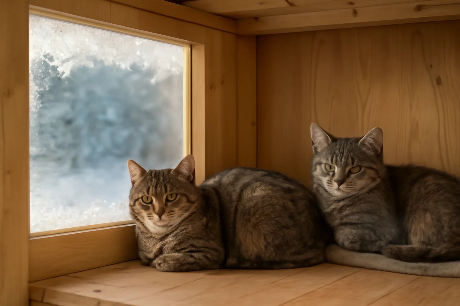 Two cats resting in a wood-paneled cattery enclosure with frost on the window