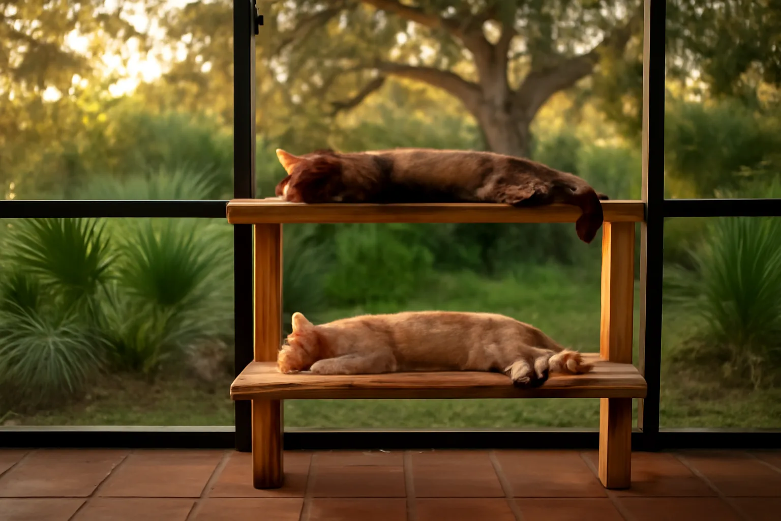 Adult cats resting on cedar shelves in a Florida lanai cattery