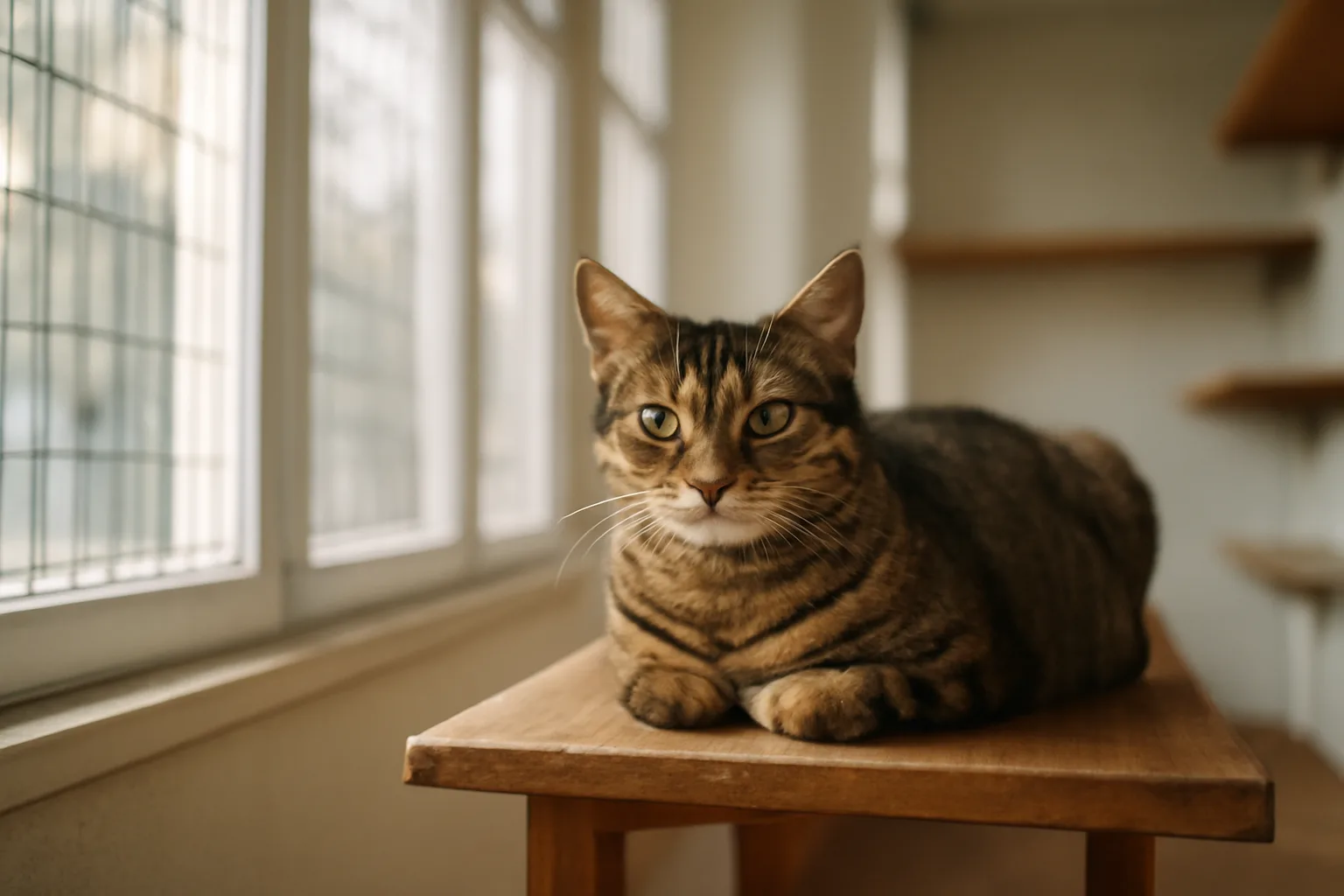 Adult tabby cat resting on a shelf inside a sunlit Alabama cattery room
