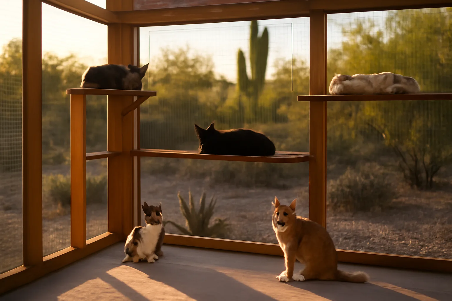 Cats resting inside a clean outdoor cattery enclosure in an Arizona backyard at golden hour