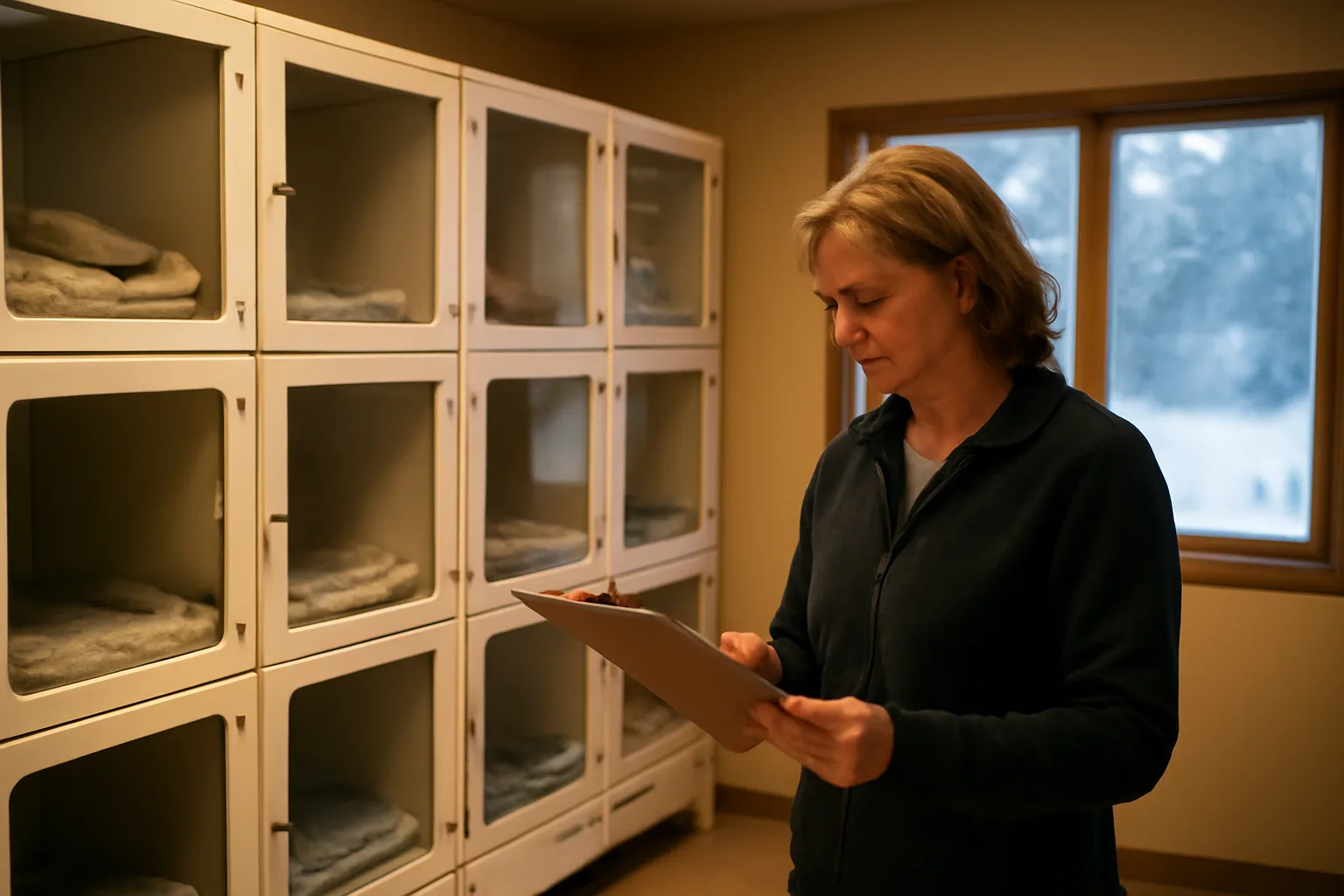 Woman reviewing paperwork in an Alaska cattery facility with snow visible outside
