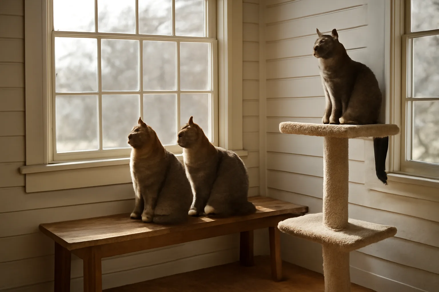 Adult cats rest in a sunlit Connecticut farmhouse cattery room